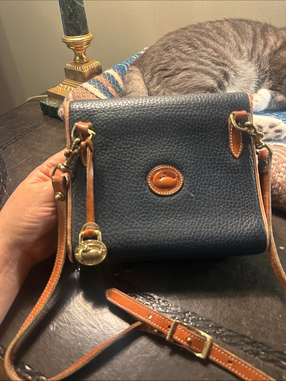Vintage Dooney & Bourke Navy Pebbled Leather Crossbody with Tan Trim